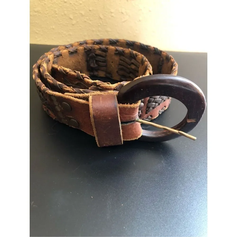 Handmade western Size M Leather Woven Belt Wood Buckle Made in Mexico